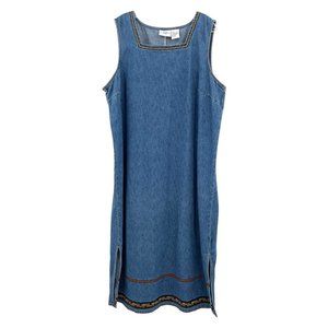 Maxi Length Denim Jumper Plus Size 16W Tyrolean Ribbon Trim By Studio Ease Y2K